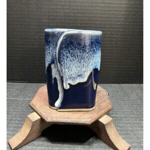 Bay Pottery Artisan Square Candle Holder Cut Out Floral Detail Blue Speckled